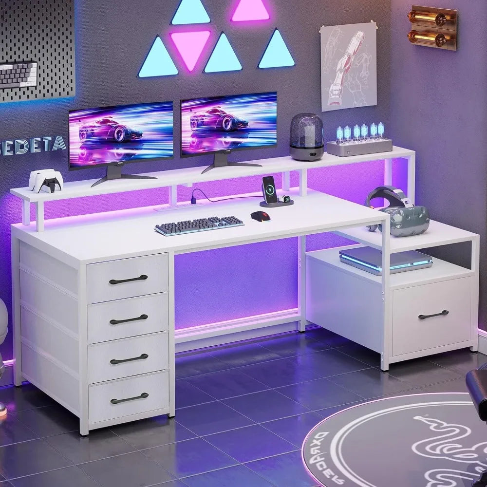 Stylish Computer Desk with 5 Drawers and Power Outlet | Home Office