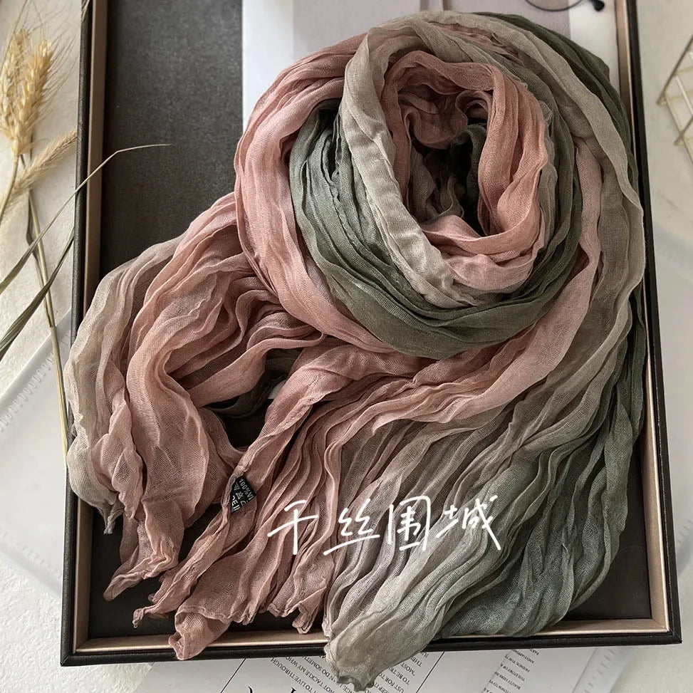 Elegant Women's Long Cotton Hemp Gradient Scarf for Winter Fashion