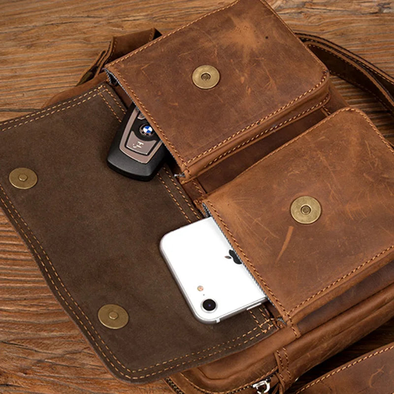 Handmade Crazy Horse Leather Crossbody Small Backpack for Men