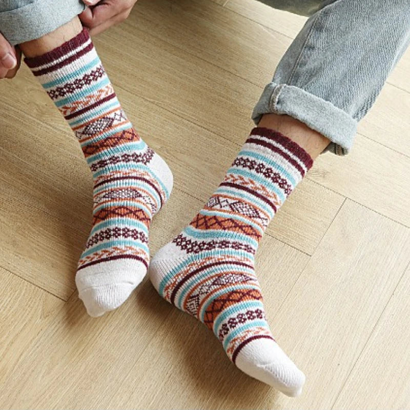 Men's Thick Cotton Mid Tube Socks | Warm Retro Ethnic Stripes