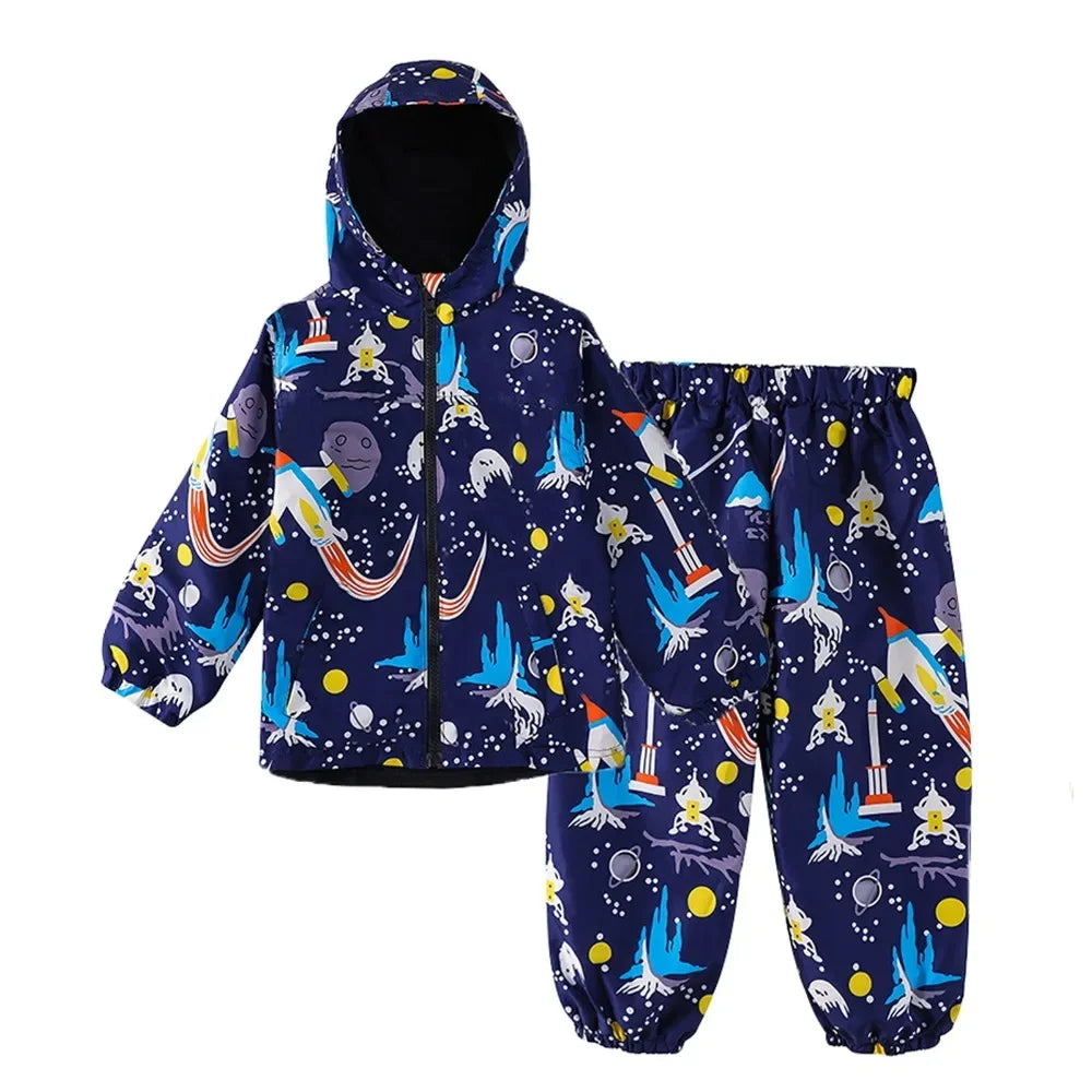 Conjunto infantil de chubasquero y pantalones impermeables con diseño de dinosaurio y unicornio