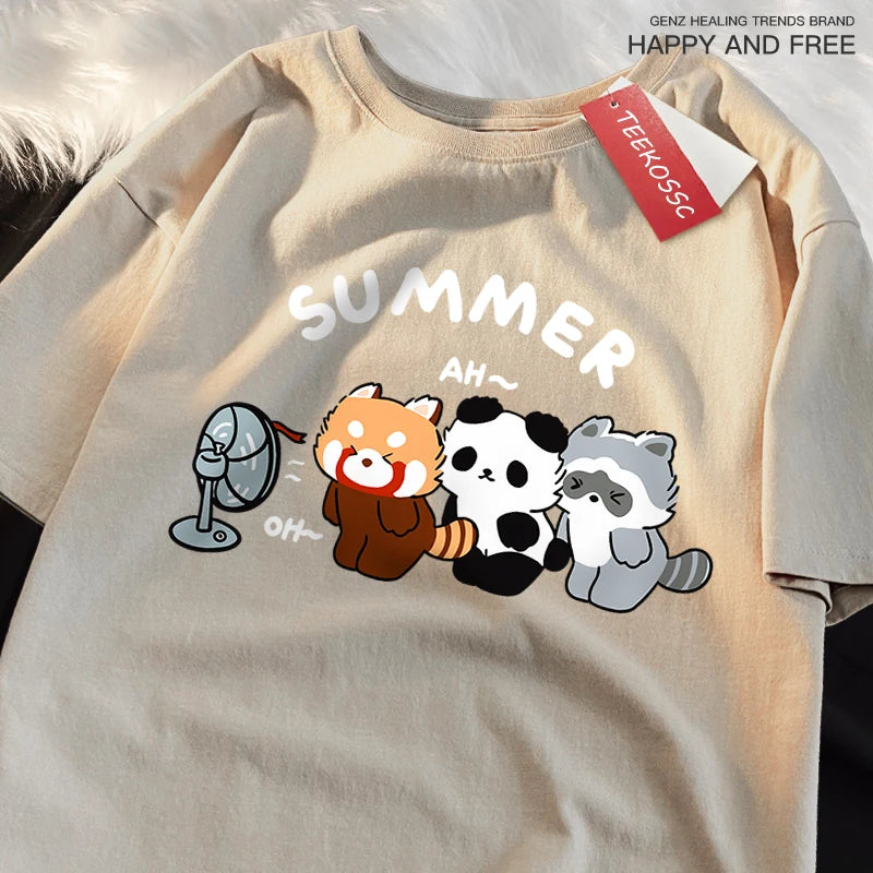 3 Raccoons Blowing Fans Print T-Shirt | Breathable Casual Wear