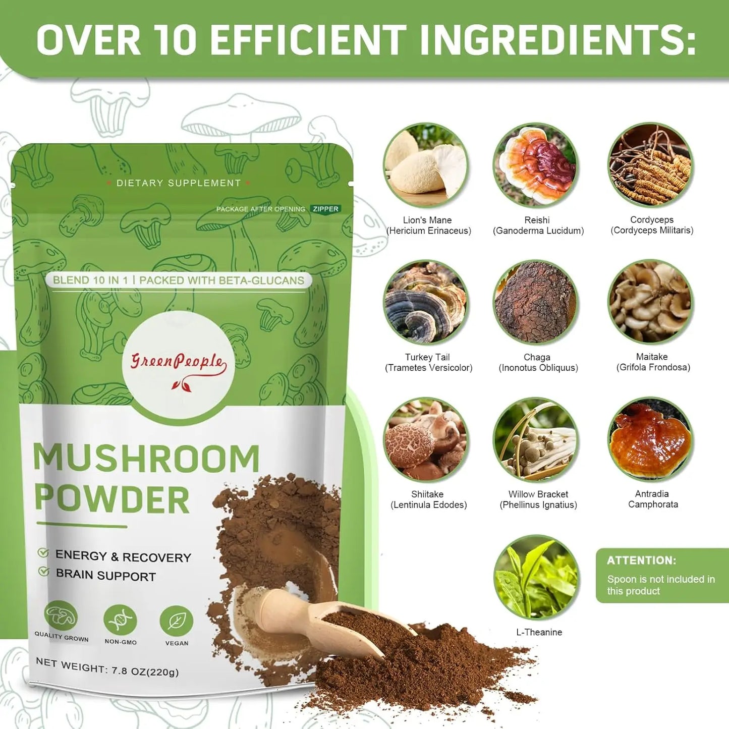 GREENPEOPLE 10-in-1 Mushrooms Lions Mane Supplement  Powder with Reishi Complex for Cognitive Function & Immune Support