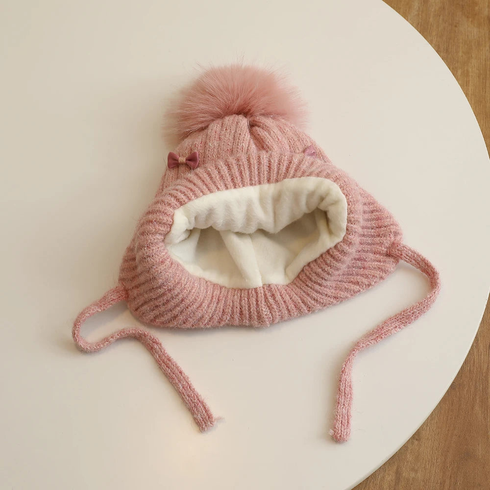 Warm Winter Hat for Girls | Cute Kids Bonnet with Pompom & Bows