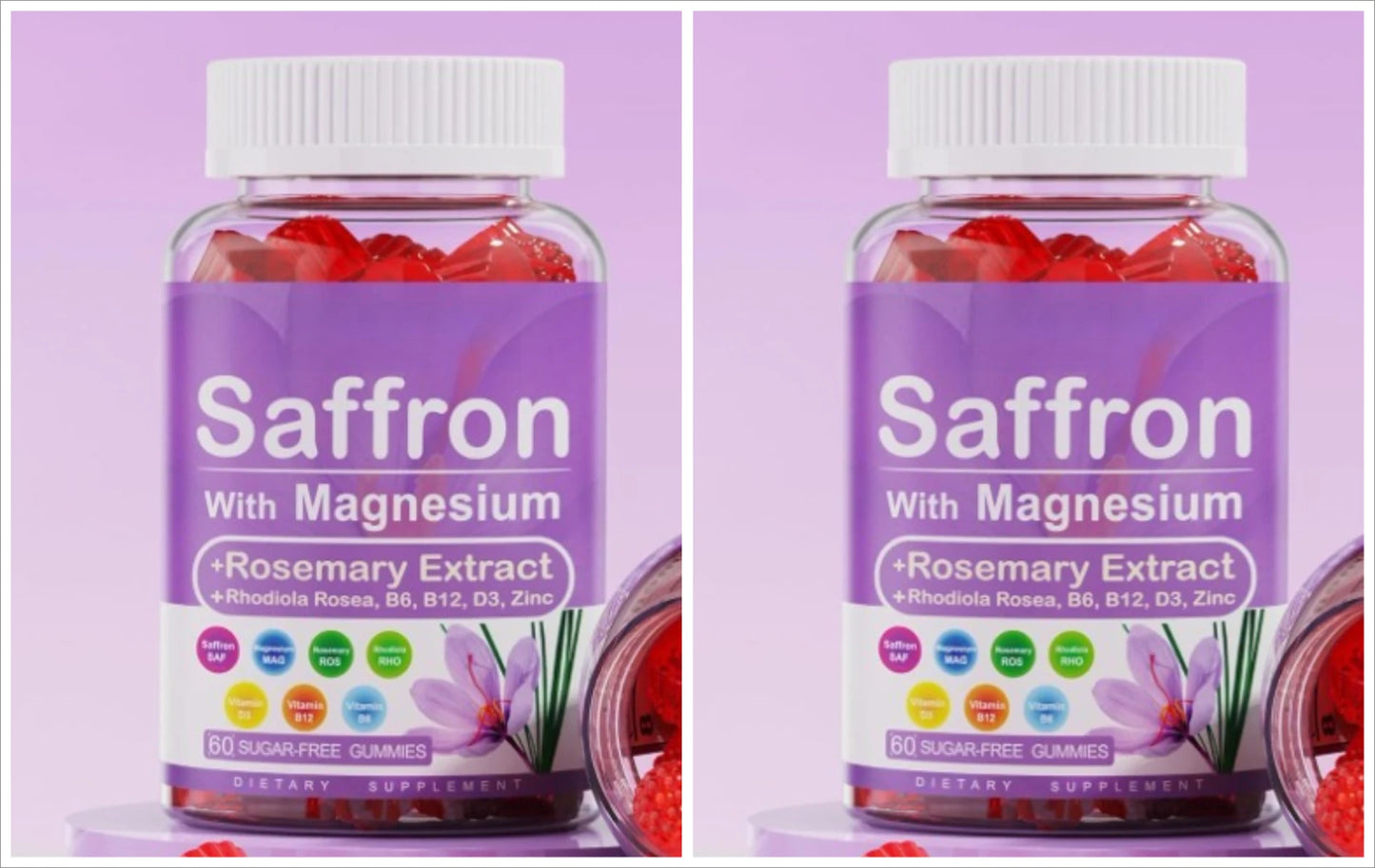 Saffron Gummies 4 Months Supply Extract 177mg Magnesium Glycinate B6 B12 D3 for Calm Rest Focus Sugar Free
