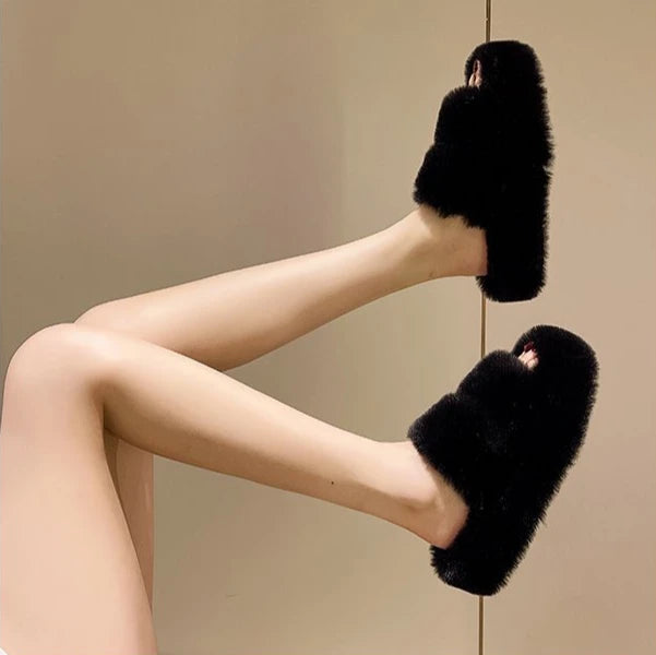 Cozy Plush Fluffy Platform Fur Slippers for Women | Anti-Slip Warmth