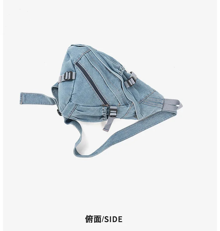 Vintage Washed Denim Sling Bag Man Woman Multifunction Retro Large Capacity Portable Motorcycle Chest Bag