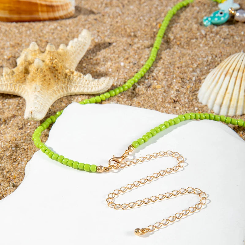 Y2K Boho Acrylic Ceramic Fish Starfish Mushroom Pendant Colorful Bead Choker Necklace For Women Beach Ocean Jewelry Accessories