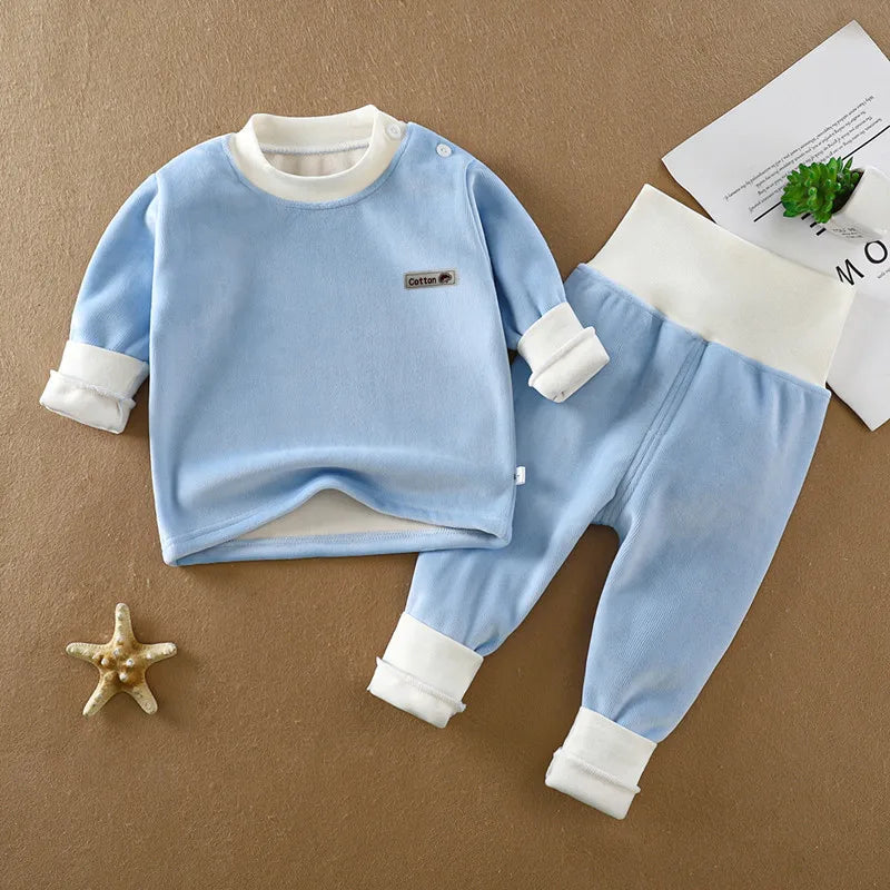 Unisex Kid's Fleece-Lined High Neck Top & Pants Set for Daily Wear
