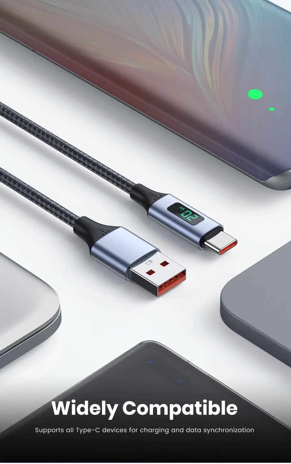 Fast Charging Micro USB & USB Type C Cable with Digital Display