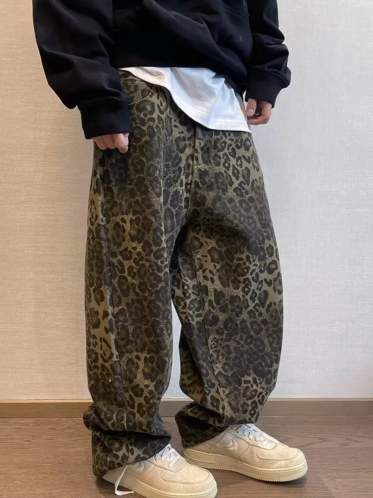 Men's Oversized Leopard Print Denim Jeans | Trendy Streetwear Style