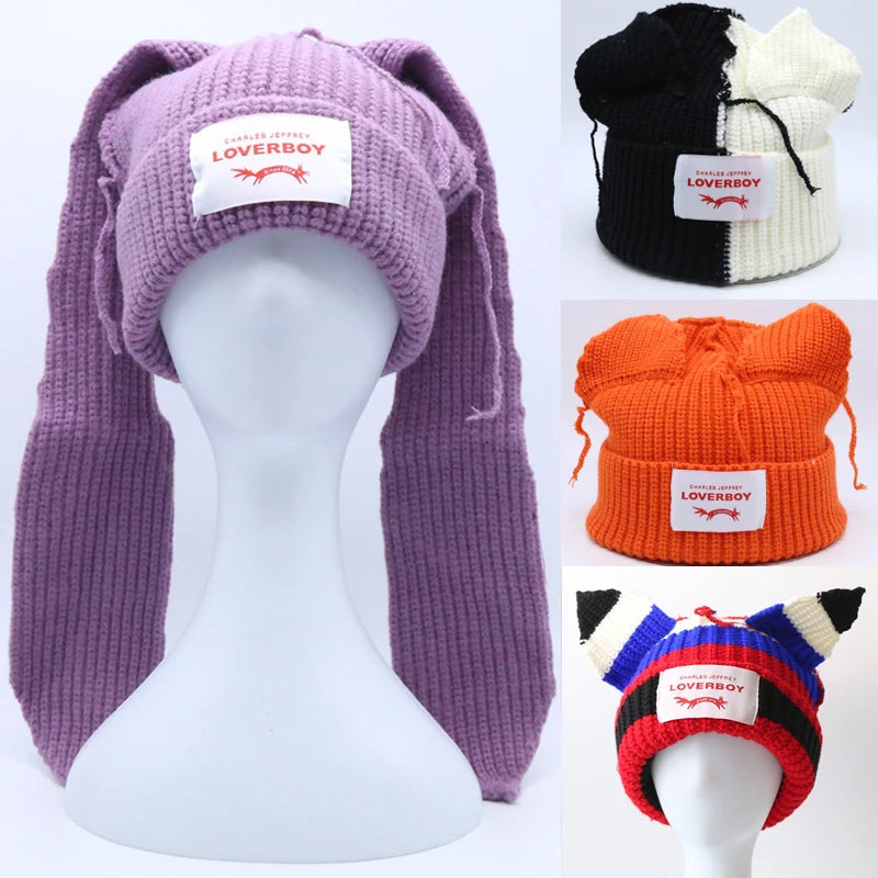 Unisex Long Fox Ears Knitted Beanie | Y2K Bunny Rabbit Hat