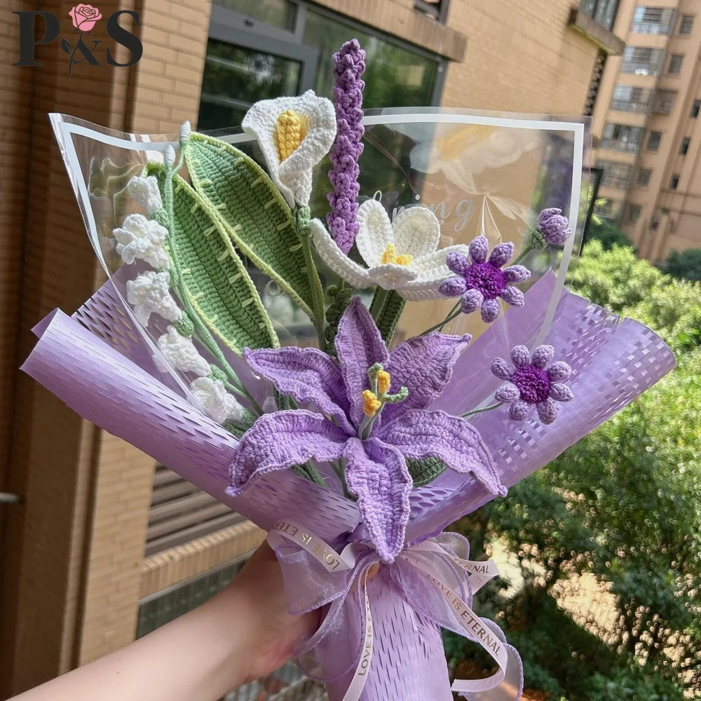 Ramo de Flores Tejido a Crochet a Mano | Elegantes Regalos de Decoración para el Hogar