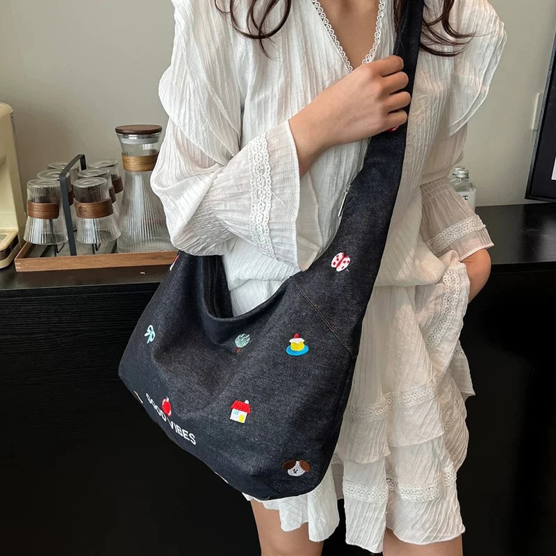 Stylish Embroidered Denim Tote Bag | Large Capacity Crossbody