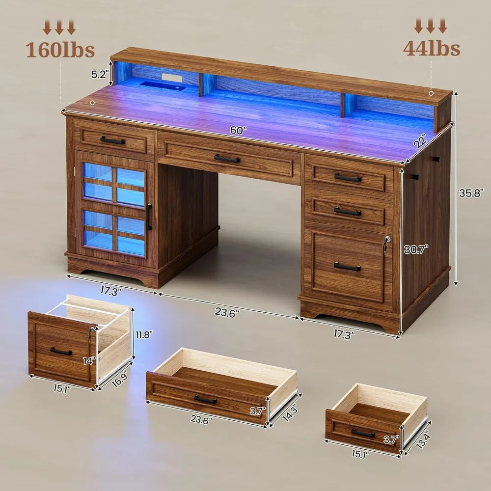 Stylish 60'' Farmhouse Executive Desk with Outlet & LED Light