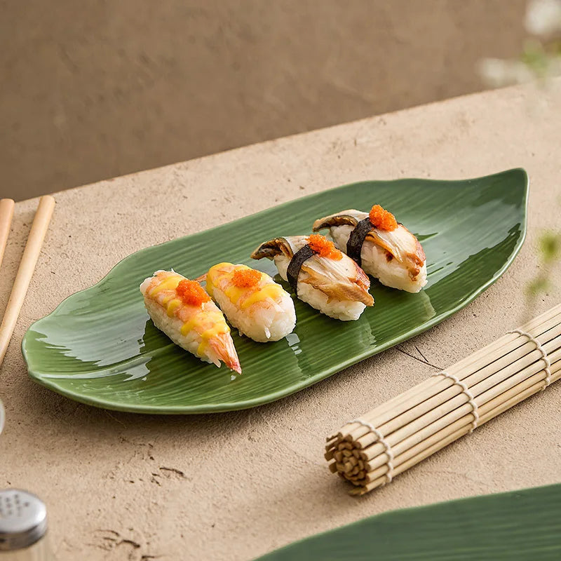 Elegant Green Bamboo Leaves Ceramic Sushi Plate for Desserts