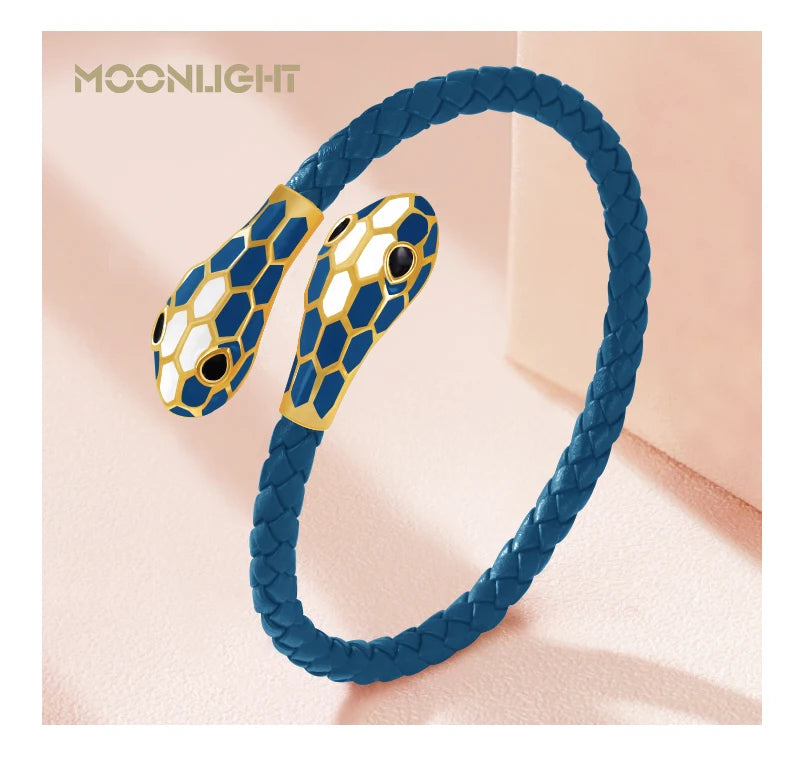 MOONLIGHT Classic Style Double Snake Head Cuff Bangles for Women Genuine Braided Leather Bracelets Female Fashion Jewelry Gifts