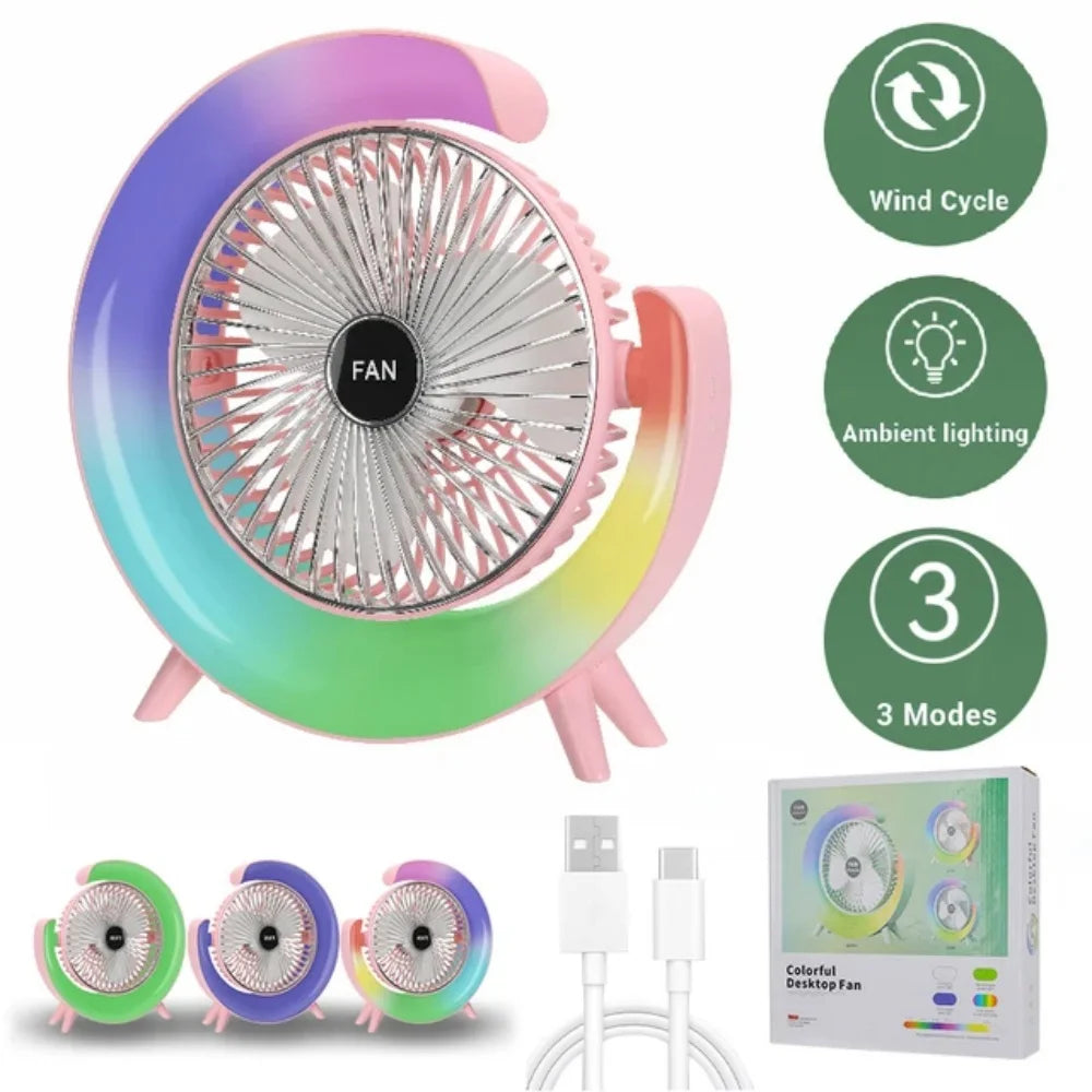 Portable USB Rechargeable Fan | 7-Color LED Mini Cooling Fan