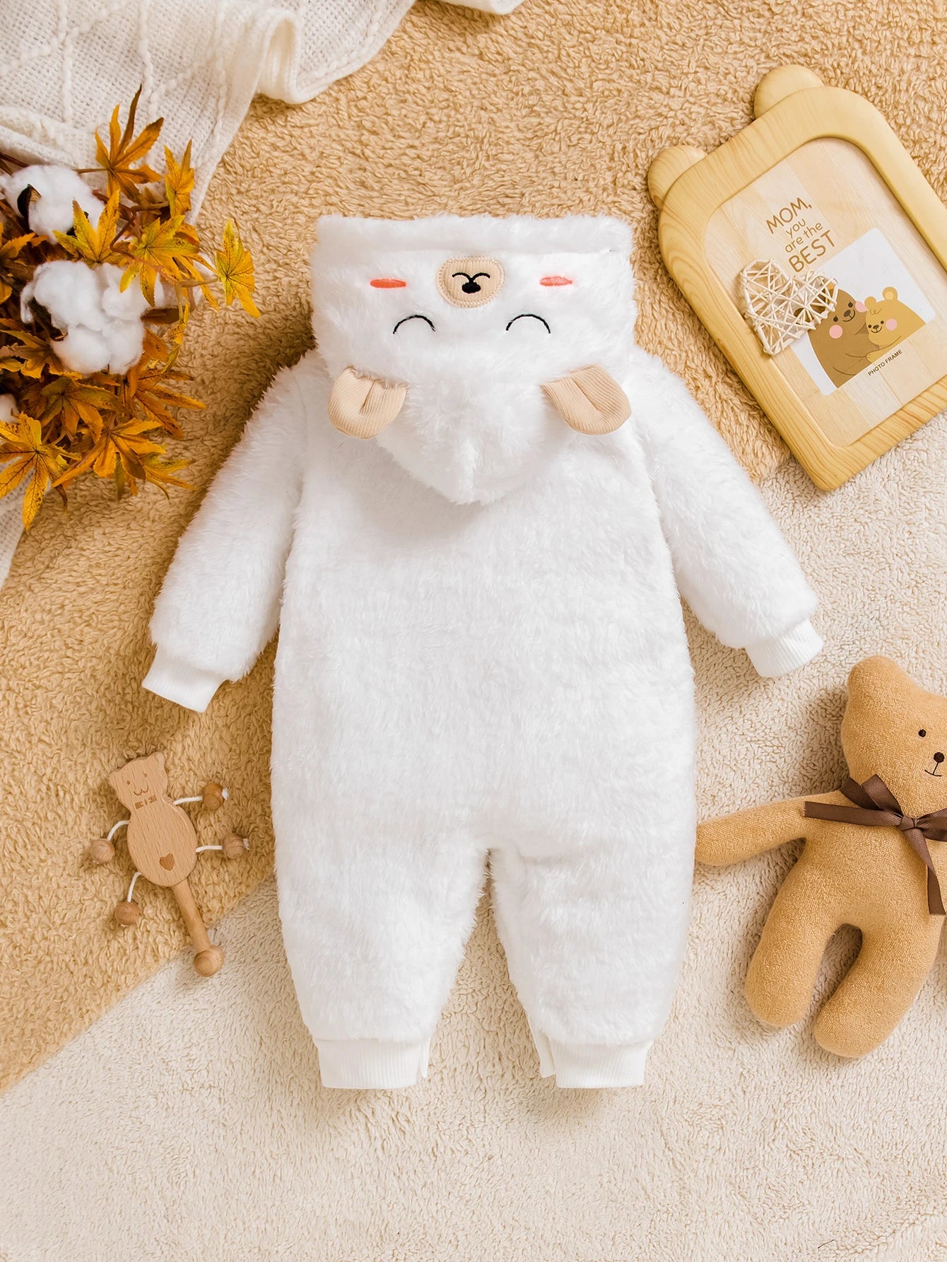 Baby Bear Plush Hooded Jumpsuit | Fleece-Lined Winter Outfit