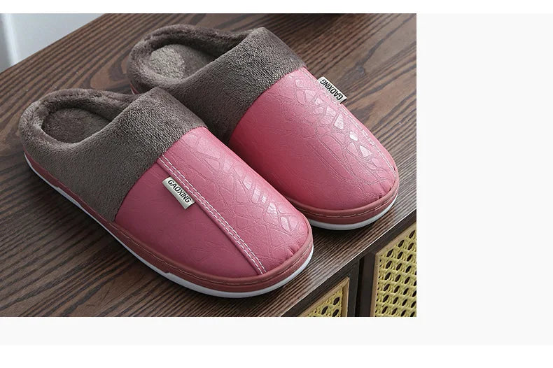 Men's Warm PU Leather Plush Slippers | Cozy Waterproof House Shoes