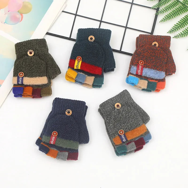 Kids Half Finger Flip Gloves | Warm Jacquard Design for Winter