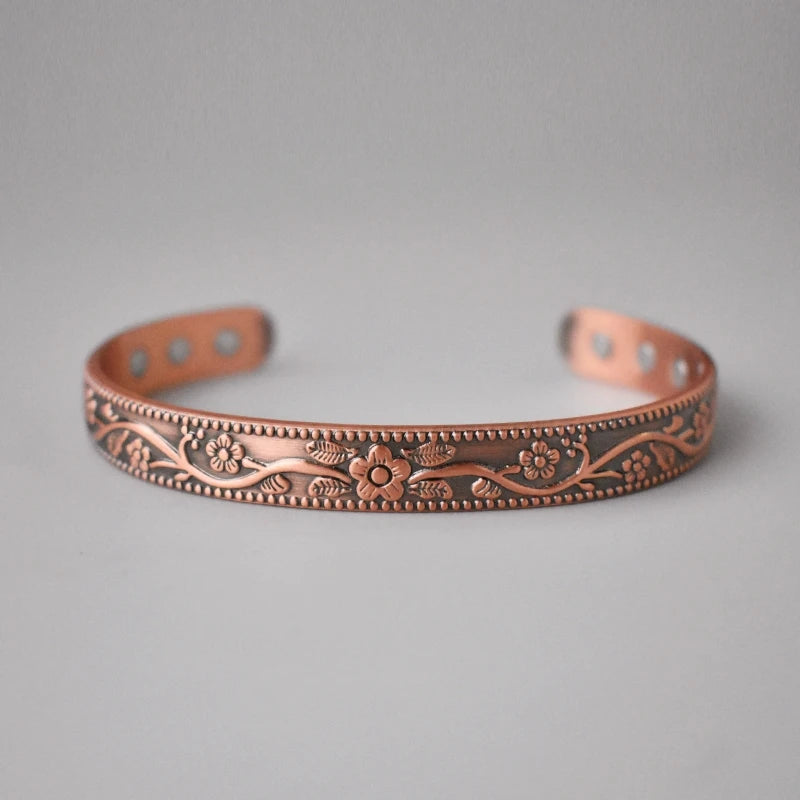 Vintage Floral Engraved Solid Copper Magnetic Therapy Cuff Bracelet