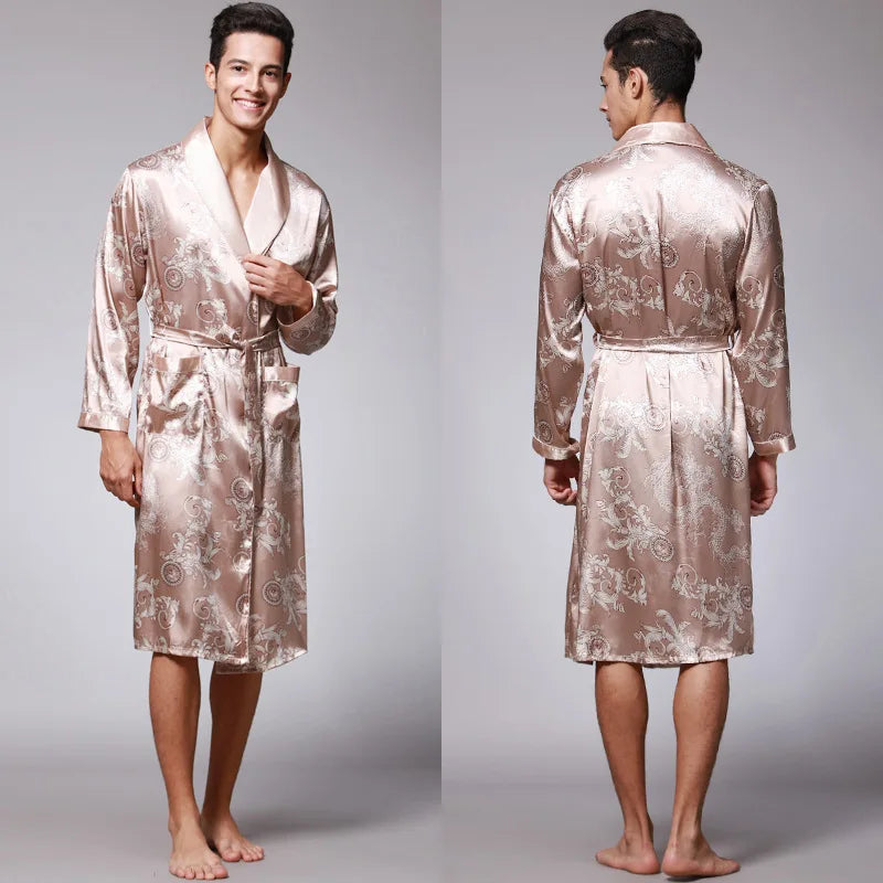 Traditional Japanese KIMONO Fashion YUKATA Oriental Gold Dragons Pattern Bathrobe Summer Men Ice Silk Robes Pajamas  Sleepwear