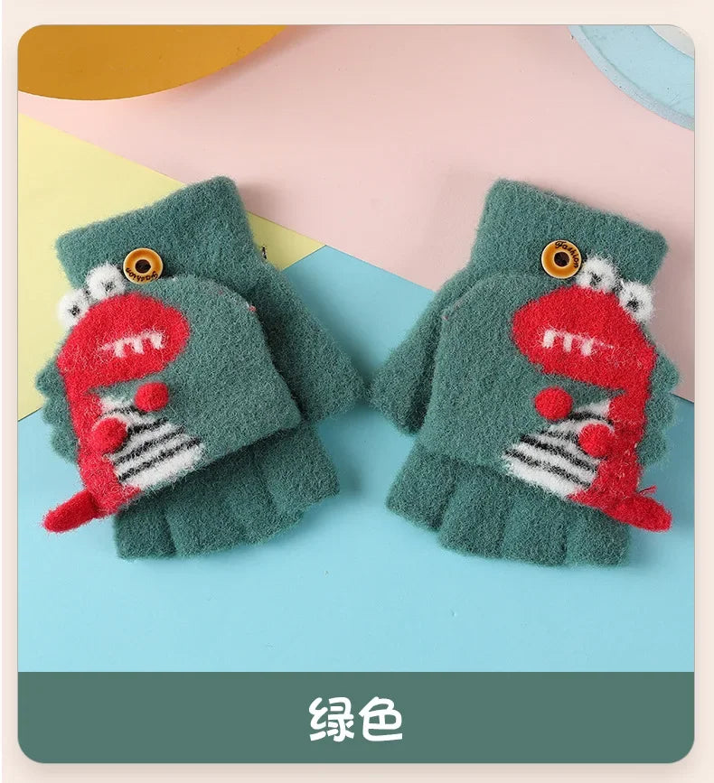 Kawaii Cartoon Dino Kids Half Finger Gloves | Winter Warmth for Fun