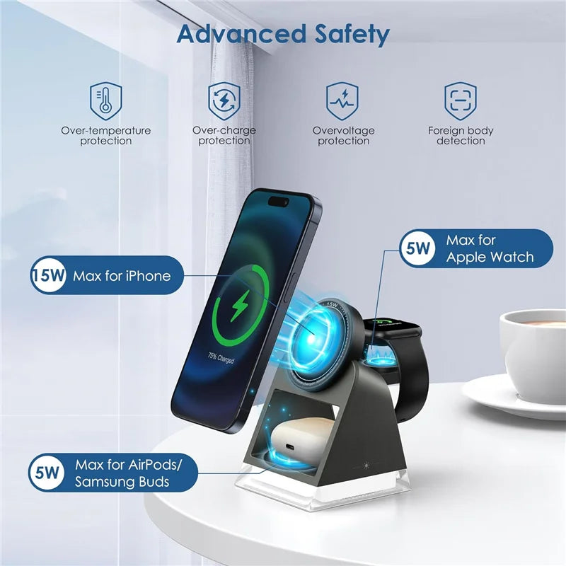3 In 1 Magnetic Wireless Charger Stand with LED Light