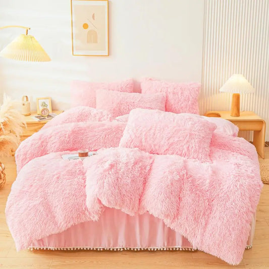 Pink Faux Fur Comforter Cover Set — Fuzzy Plush 3-Piece Queen Duvet Cover with Fluffy Pillowcases, Ultra Soft Cozy Bedding