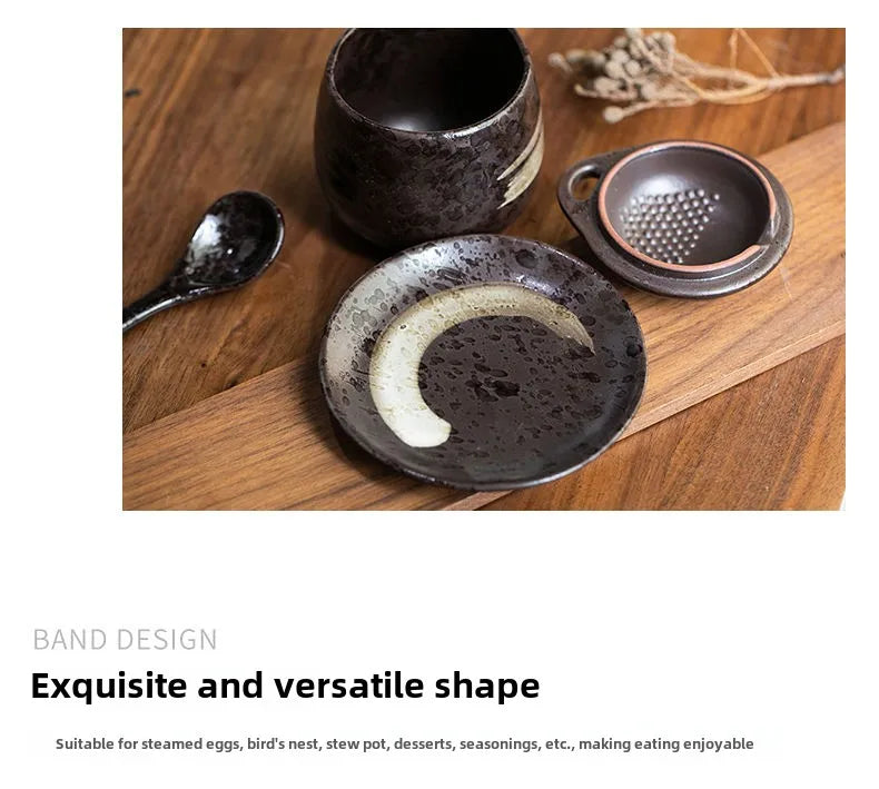 Japanese Retro Ceramic Stew Pot with Lid & Spoon Set | Multifunctional Soup Cup