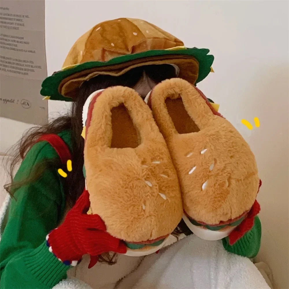 Cute Hamburger Plush Slippers | Warm & Cozy Indoor Footwear