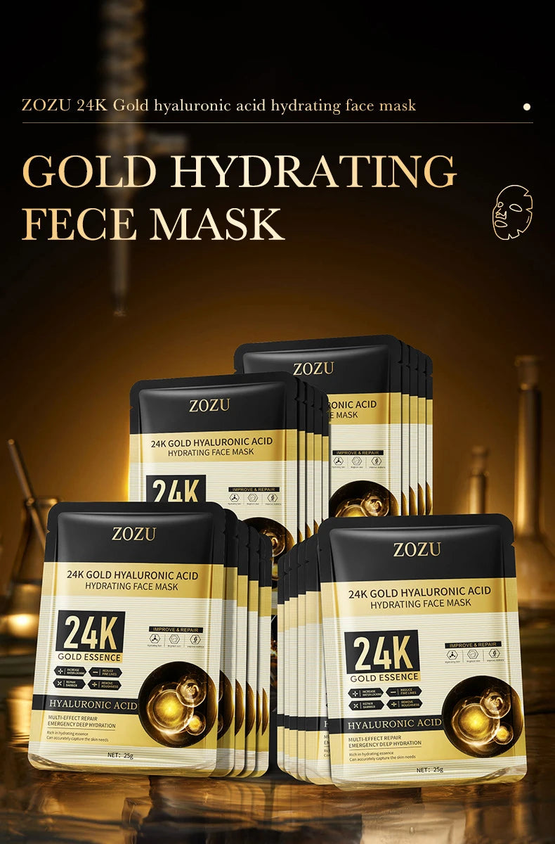 10pcs 24K Golden Hyaluronic Acid Face Masks for Glowing Skin