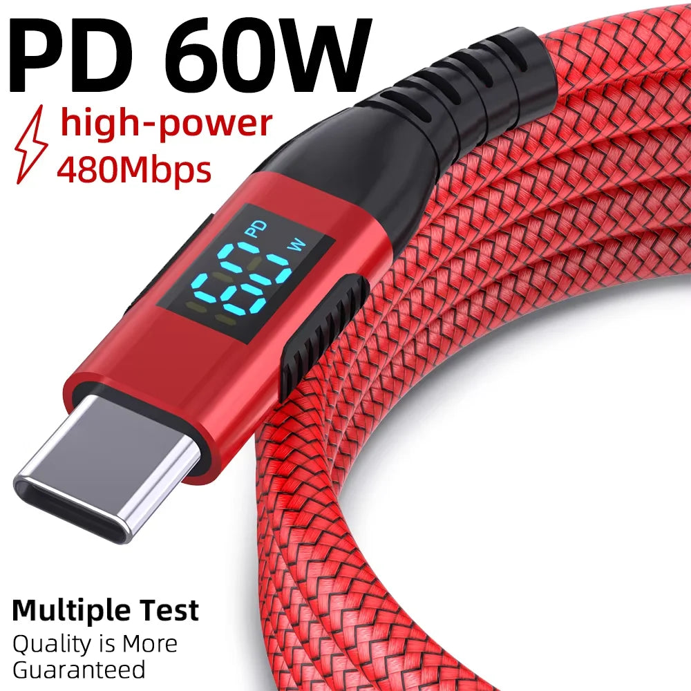 60W USB A to Type C Fast Charging Cable with Digital Display