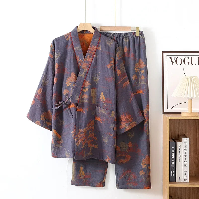 Roomwear Cotton Kimono Pajamas Men's Robes for Spring Jacquard Printed Home Clothing Medium Length Oversized Breathable Bathrobe