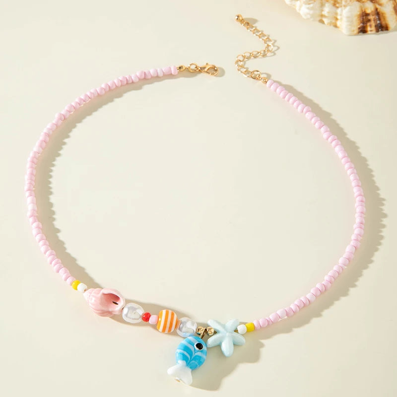 Y2K Boho Acrylic Ceramic Fish Starfish Mushroom Pendant Colorful Bead Choker Necklace For Women Beach Ocean Jewelry Accessories