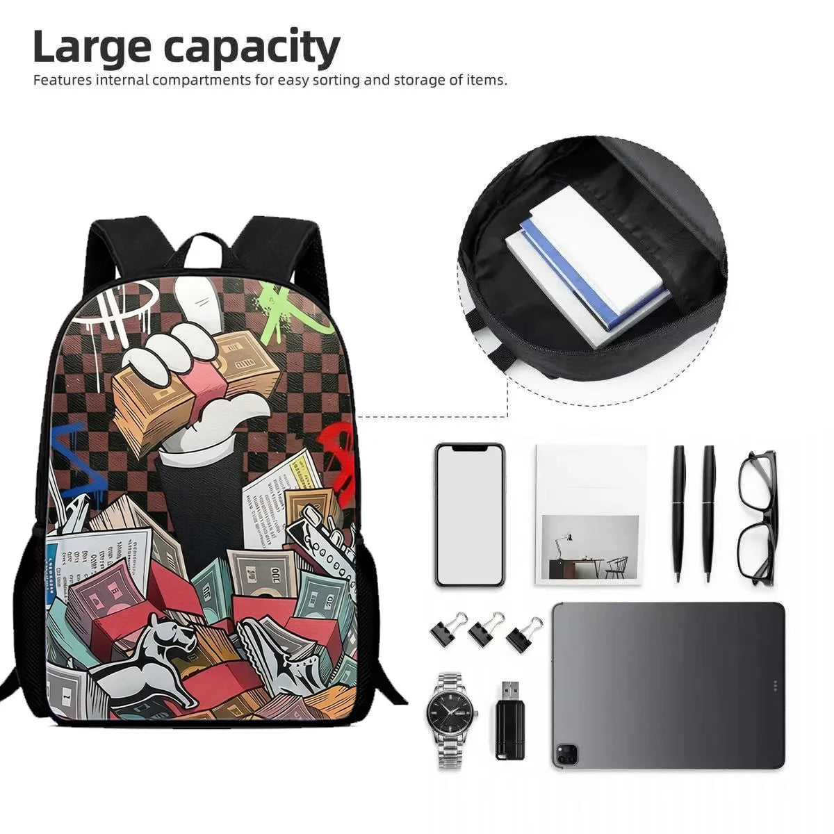 Large Capacity PU Graffiti Backpack for Students and Travelers