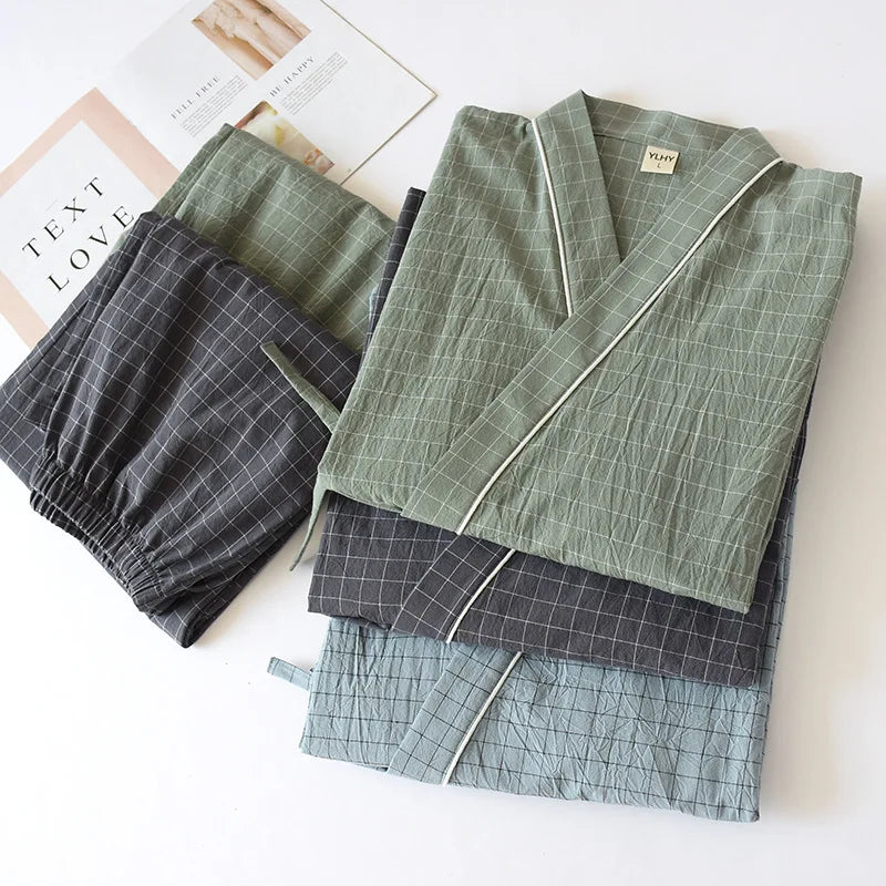 Spring Summer Japanese Pajama Sets Male 100% Cotton Spa Robe Sets Boxer High Quality Kimono Robes Men Plaid Home Hombre