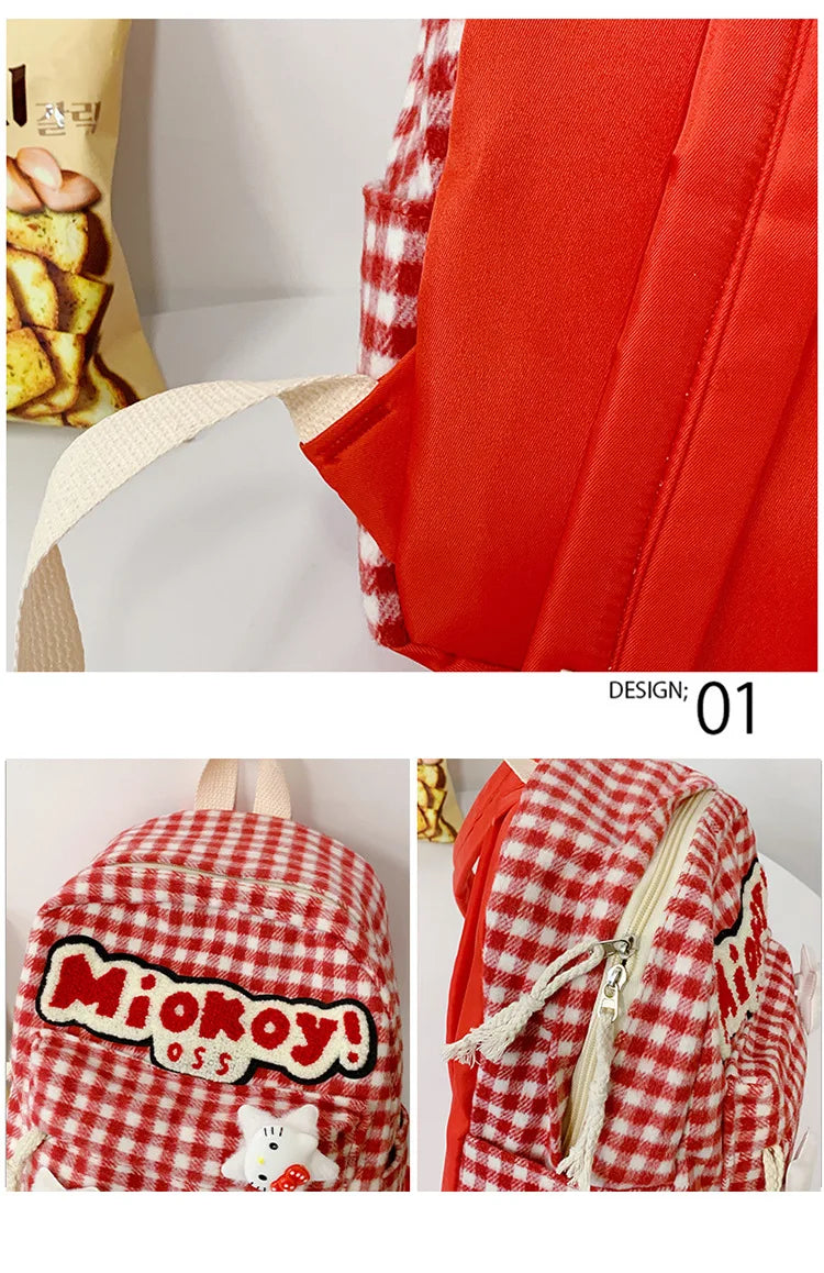 Stylish Girls Red Plaid Backpack | Large Capacity School Bag