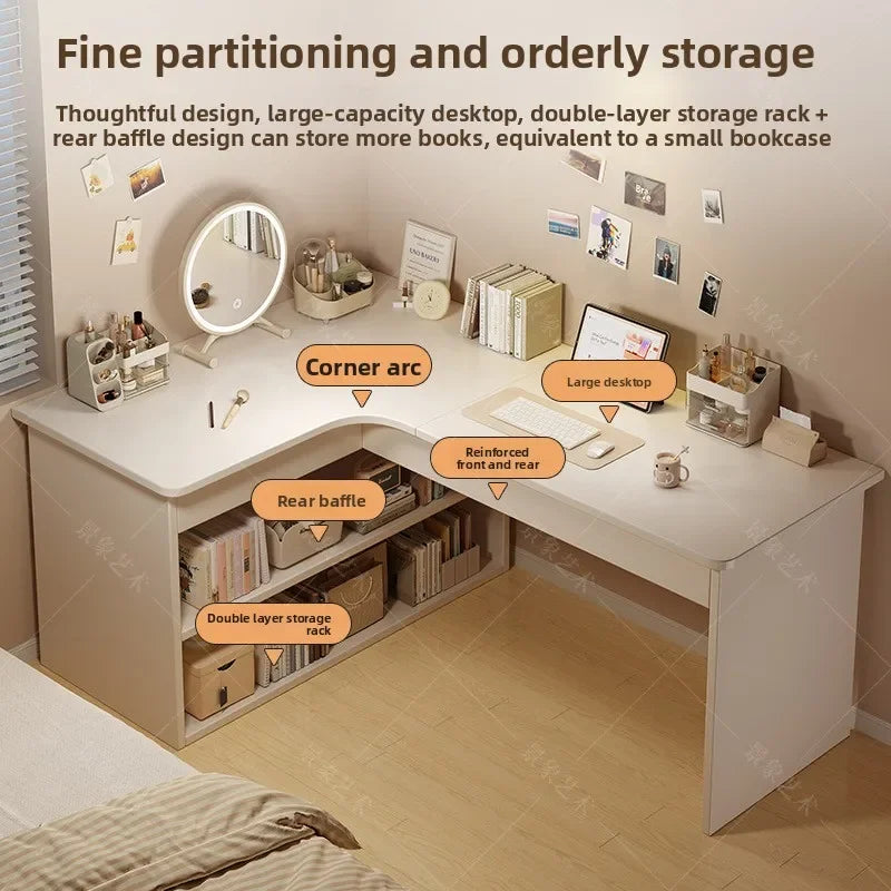 Integrated Corner Workbench & Bookshelf | Modern White Computer Desk