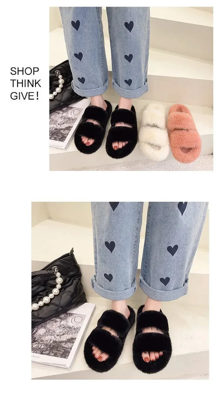 Cozy Double Fur Cross-Strap Plush Slippers | Warm Indoor Footwear