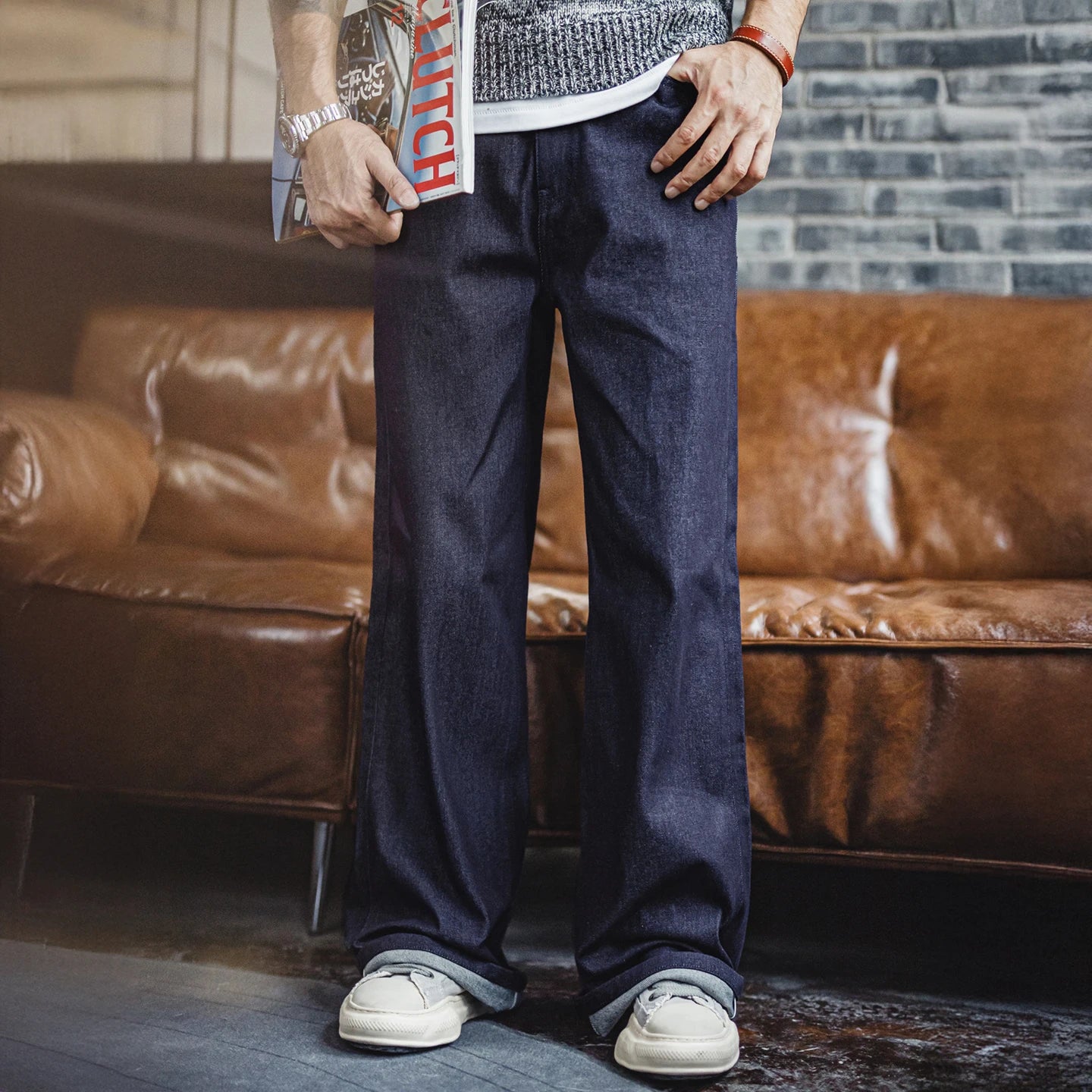 Vintage Loose Fit Raw Denim Wide-Leg Jeans for Men