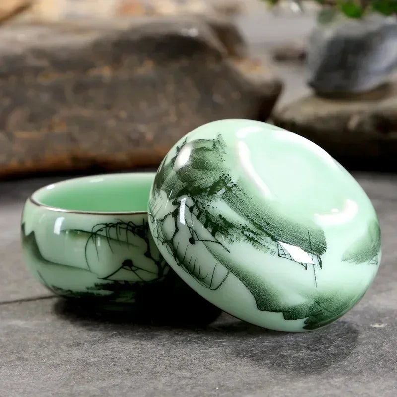 Traditional Hand-painted Celadon Teacup Set | Unique Tea Experience