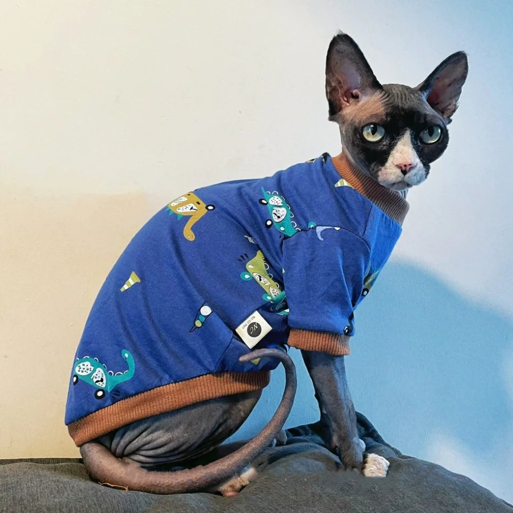 Cute Cartoon Dinosaur T-Shirt for Hairless Cats | Soft Cotton PJs