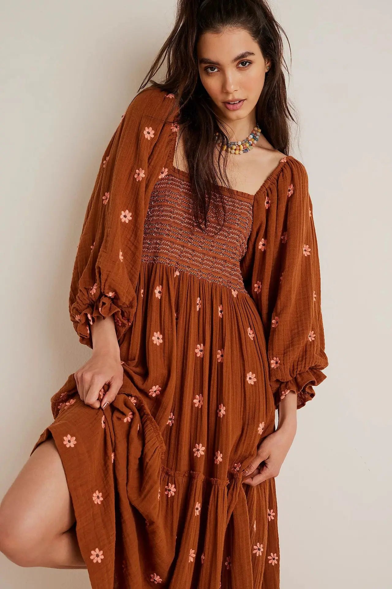 Boho Floral Embroidery Maxi Dress for Women | Casual Fashion