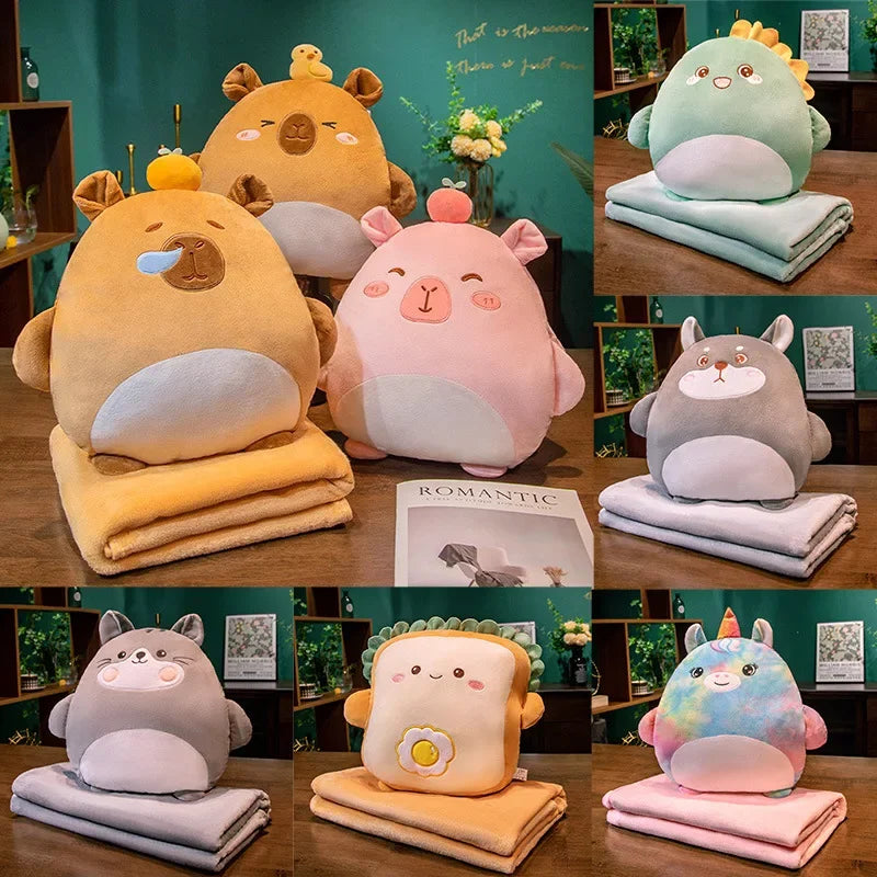 2-in-1 Plush Pillow Flange Plush Blanket Cartoon Warm Hand Doll Office Nap Leg Cover Soft Comfortable Storage Design Cushion