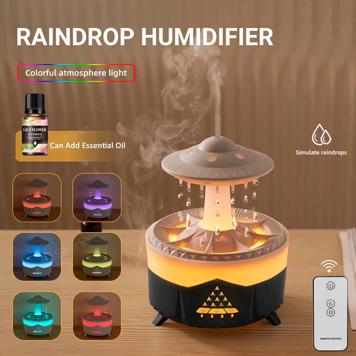 Simulated Raindrop Air Humidifier | Essential Oil Diffuser with Lights