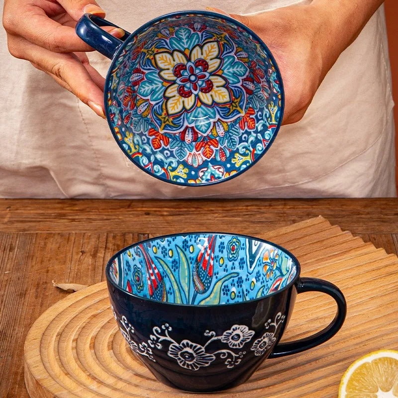 Large-Capacity Bohemian Ceramic Breakfast Cup | Stylish Oatmeal Mug