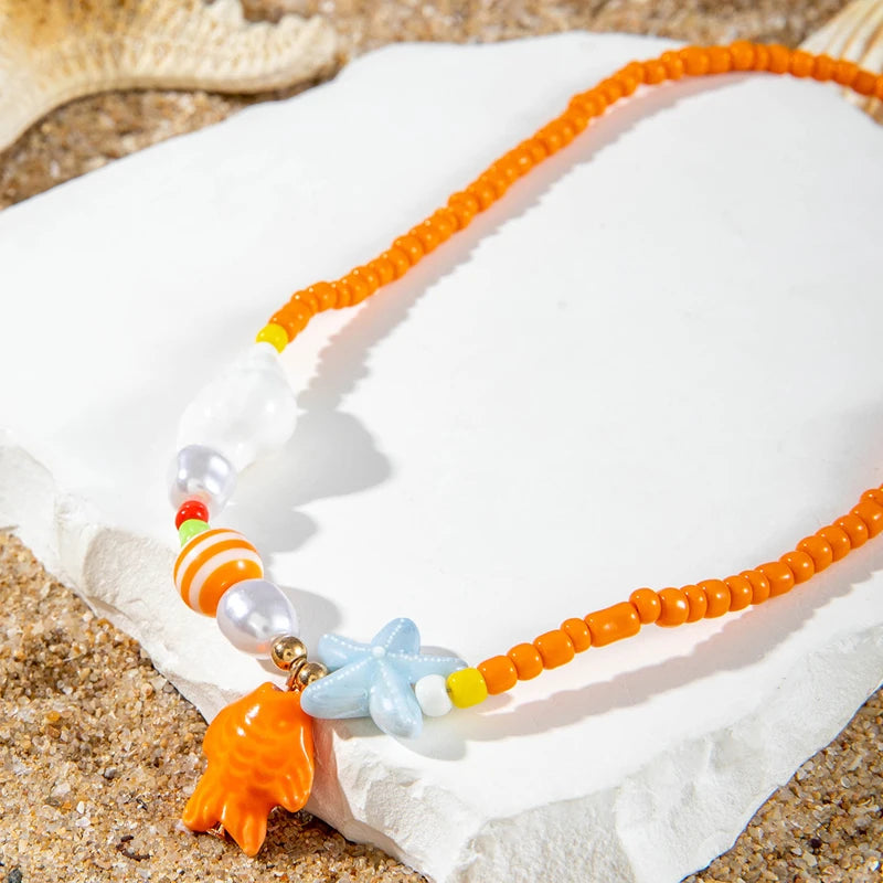 Y2K Boho Acrylic Ceramic Fish Starfish Mushroom Pendant Colorful Bead Choker Necklace For Women Beach Ocean Jewelry Accessories