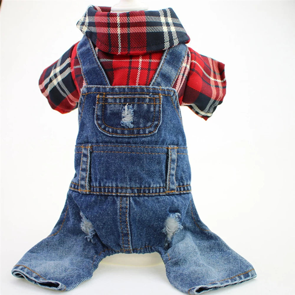 Stylish Pet Denim Plaid Jumpsuit Hoodie | Perfect for Spring & Autumn